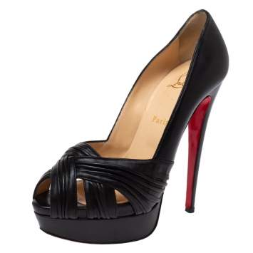 Pre Owned Christian Louboutin Black Leather Criss Cross Strap Peep Toe Platform Pumps Size 39.5