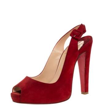 Pre Owned Christian Louboutin Red Suede Leather Peep Toe Slingback Sandals Size 37