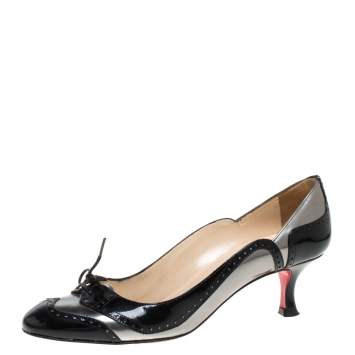 Pre Owned Christian Louboutin Black/Grey Patent Brogue Derby Detail Round Toe Pumps Size 38.5