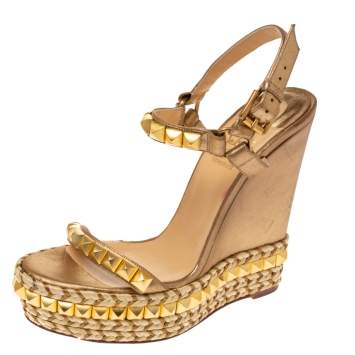 Pre Owned Christian Louboutin Metallic Gold Studded Leather Cataclou Espadrille Wedge Platform Sandals Size 39