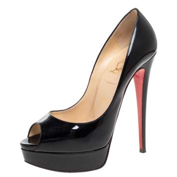 Pre Owned Christian Louboutin Black Patent Leather Lady Peep Toe Platform Pumps Size 38