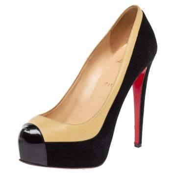 Pre Owned Christian Louboutin Black/Beige Suede and Leather Cap Toe Platform Pumps Size 38.5