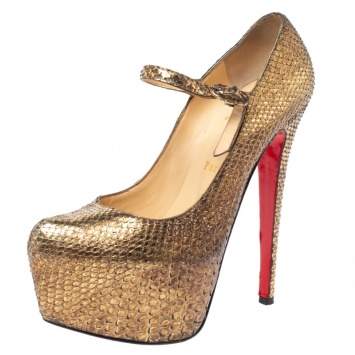 Pre Owned Christian Louboutin Metallic Gold Python Lady Daf Mary Jane Platform Pumps Size 37.5