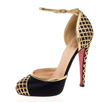 Pre Owned Christian Louboutin Black Satin And Gold Leather Uptown Platform Ankle Strap Pumps Size 37