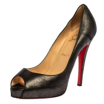 Pre Owned Christian Louboutin Metallic Grey Leather Very Prive Peep Toe Platform Pumps Size 39