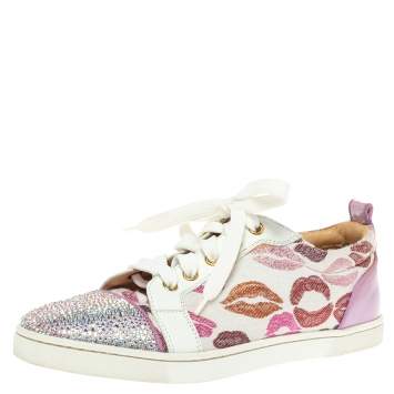 Pre Owned Christian Louboutin Multicolor Leather and Canvas Gondola Strass Kiss Low Top Sneakers Size 37.5