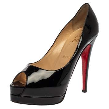 Pre Owned Christian Louboutin Black Patent 'Altadama' Peep Toe Platform Pumps Size 38.5