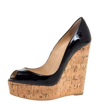 Pre Owned Christian Louboutin Black Patent Leather Cork Wedge Peep Toe Platform Pumps Size 37
