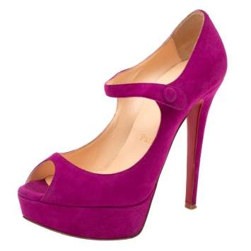 Pre Owned Christian Louboutin Purple Suede Zeppa Mary Jane Peep Top Platform Pumps Size 36