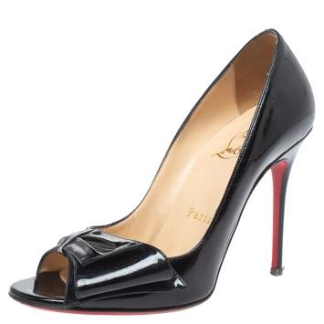 Pre Owned Christian Louboutin Black Patent Leather Bow Peep Toe Pumps Size 36