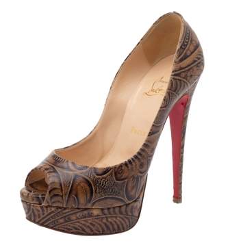 Pre Owned Christian Louboutin Brown Embossed Print Leather Fetish Peeptoe Platform Pumps Size 38