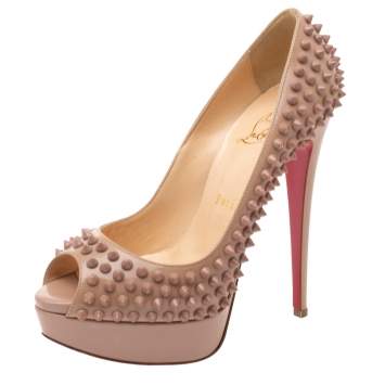 Pre Owned Christian Louboutin Beige Patent Leather Lady Peep Spikes Platform Pumps Size 38
