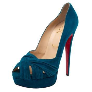 Pre Owned Christian Louboutin Blue Suede Criss Cross Strap Peep Toe Platform Pumps Size 39