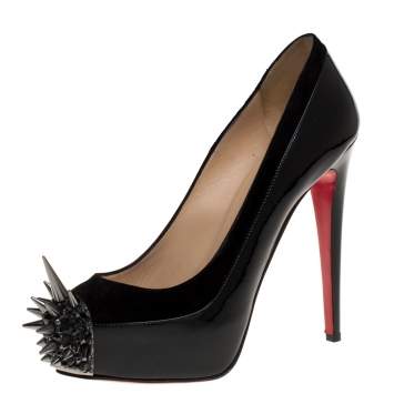Pre Owned Christian Louboutin Black Patent Leather and Suede Asteroid Platform Pumps Size 38