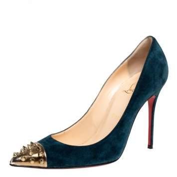 Pre Owned Christian Louboutin Blue Suede Geo Spike Studded Cap Toe Pumps Size 38