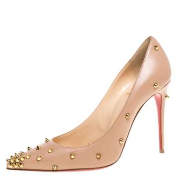 Pre Owned Christian Louboutin Beige Leather Degraspike Pointed Toe Pumps Size 38