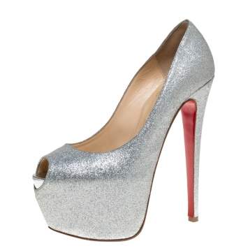 Pre Owned Christian Louboutin Silver Glitter Highness Platform Peep Toe Pumps Size 38