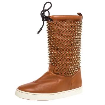 Pre Owned Christian Louboutin Brown Leather Surlapony Spike Mid Calf Sneakers Boots Size 39