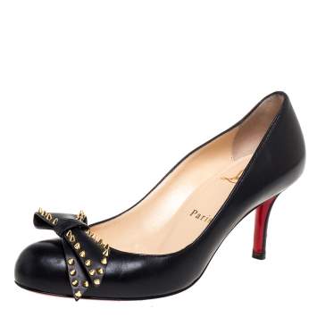Pre Owned Christian Louboutin Black Leather Ballerina Spike Bow Pumps Size 36