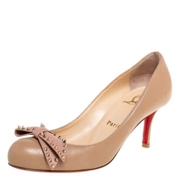 Pre Owned Christian Louboutin Beige Leather Ballerina Spike Bow Pumps Size 35.5