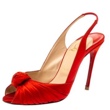 Pre Owned Christian Louboutin Orange Satin Jenny Slingback Peep Toe Sandals Size 38