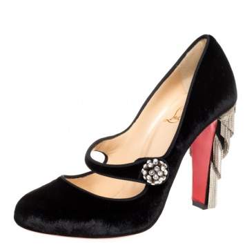 Pre Owned Christian Louboutin Black Velvet Rex Mary Jane Embellished Pumps Size 38.5