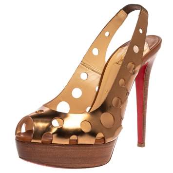 Pre Owned Christian Louboutin Gold Patent Leather Laser Cut Slingback Platform Sandals Size 38.5