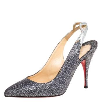 Pre Owned Christian Louboutin Metallic Grey Coarse Glitter Back2 Slingback Sandals Size 38.5