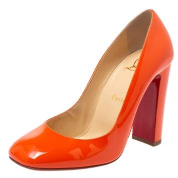 Pre Owned Christian Louboutin Orange Patent Leather Square Toe Pumps Size 38