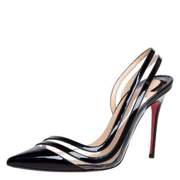 Pre Owned Christian Louboutin Black Patent Leather & PVC Paralili Slingback Pumps Size 37