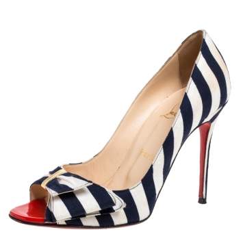 Pre Owned Christian Louboutin Navy Blue/White Stripe Canvas Just Soon Pumps Size 37.5