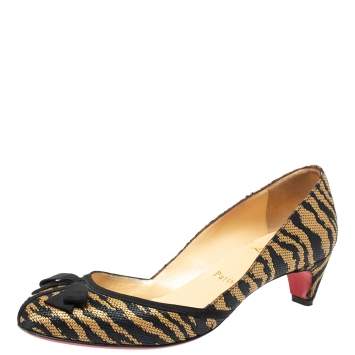 Pre Owned Christian Louboutin Black/Beige Tiger Print Raffia Bow Kitten Heel Pumps Size 37.5