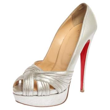 Pre Owned Christian Louboutin Silver Leather Criss Cross Peep Toe Platform Pumps Size 39