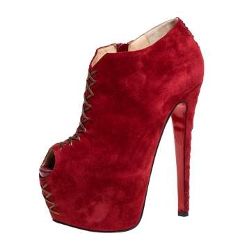Pre Owned Christian Louboutin Red Suede Recouzetta Peep Toe Platform Ankle Boots Size 36.5