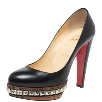 Pre Owned Christian Louboutin Black Leather Studded Platform Pumps Size 38