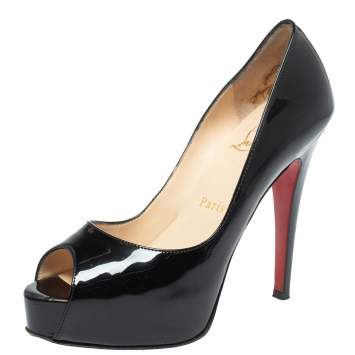 Pre Owned Christian Louboutin Black Patent Leather Very Prive Platform Peep Toe Pumps Size 35