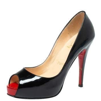 Pre Owned Christian Louboutin Black Patent Leather Very Prive Platform Peep Toe Pumps Size 35