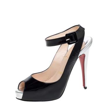Pre Owned Christian Louboutin Black Patent Leather Peep Toe Platform Ankle Strap Sandals Size 35.5