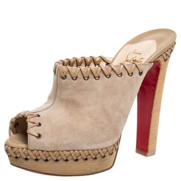 Pre Owned Christian Louboutin Beige Suede Leather Peep Toe Platform Mules Size 38.5
