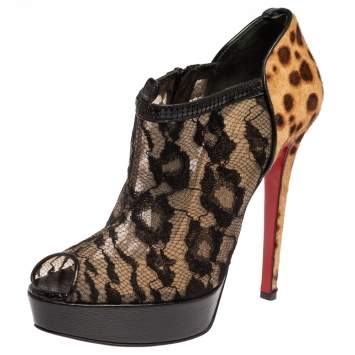 Pre Owned Christian Louboutin Black/Brown Leopard Pony Hair And Lace Bridget Peep Toe Ankle Booties Size 39