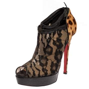 Pre Owned Christian Louboutin Black/Brown Leopard Pony Hair And Lace Bridget Peep Toe Platform Ankle Strap Booties Size 40