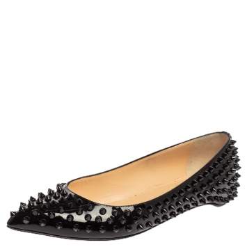 Pre Owned Christian Louboutin Black Patent Leather Spike Pointed Toe Ballet Flats Size 38.5