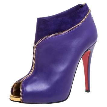 Pre Owned Christian Louboutin Purple Leather And Suede Clo Zippe Peep Toe Boots Size 36