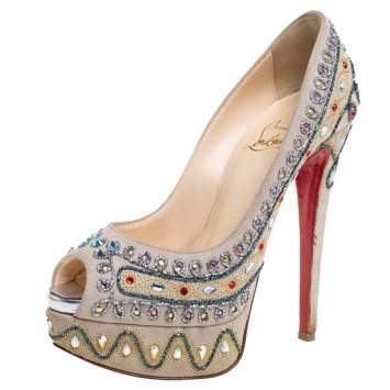 Pre Owned Christian Louboutin Beige Suede Crystal Embellished  Peep Toe Platform Pumps Size 36