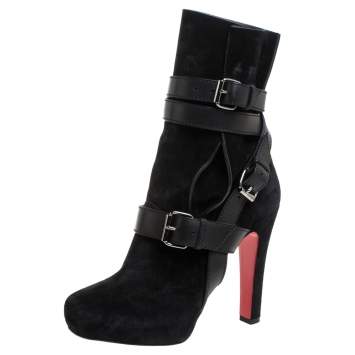 Pre Owned Christian Louboutin Black Suede Leather Guerriere 120 Buckle Platform Ankle Boots Size 38.5