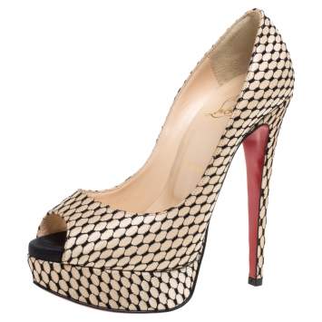 Pre Owned Christian Louboutin Beige/Black Lace And Satin Peep Toe Pumps Size 36