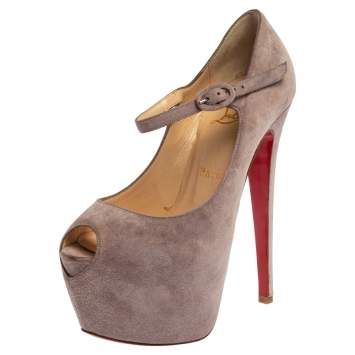 Pre Owned Christian Louboutin Purple Suede Peep Toe Ankle Strap Platform Pumps Size 36