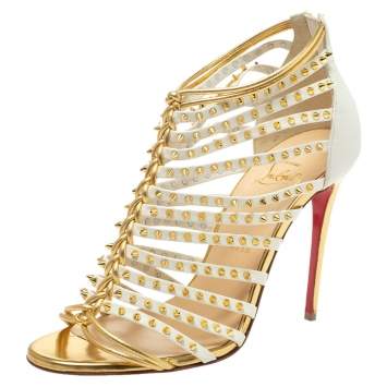 Pre Owned Christian Louboutin White and Gold Spiked Leather Millaclou Cage Sandals Size 36