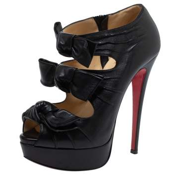 Pre Owned Christian Louboutin Black Leather Madame Butterfly Booties Size 35.5