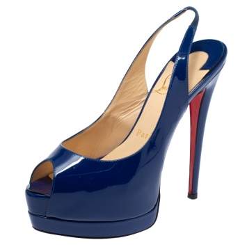 Pre Owned Christian Louboutin Blue Patent Leather Private Number Peep Toe Slingback Sandals Size 36